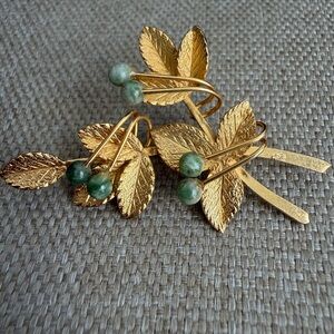 Elegant Gold Leaf Earrings with Green Accents